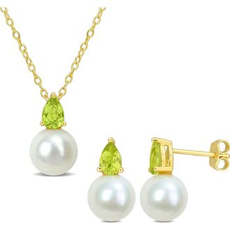 Delmar Peridot & Freshwater Pearl Stud Earrings & Pendant Necklace Set in Green at Nordstrom Rack