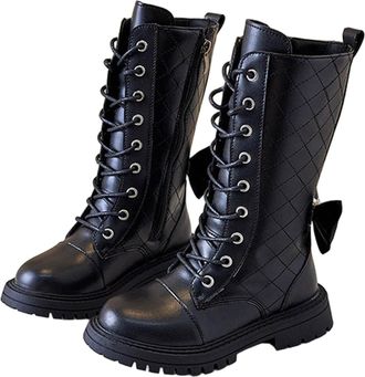 Generic Girls Lace-Up Mid Calf Combat Boots with Side-On Zipper Round Toe Water Proof Comfortable Warm Shoes Chunky Heel Non-Slip Casual Punk Goth Riding Walk