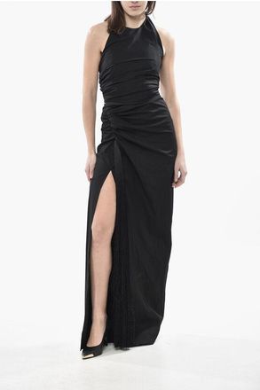 Ferragamo Halter Neck Stretch Cotton Dress with Fringe Detail size 38