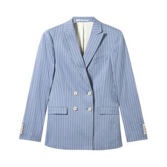 Brooks Brothers Pinstripe Linnen Blend Double-Breasted Blazer - Dames - Blazers - Blauw - S - Linnen - Jassen