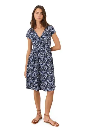 Pact Organic Cotton Fit & Flare Crossover Dress in Paradise Petals Navy Blue at Nordstrom, Size Xx-Large
