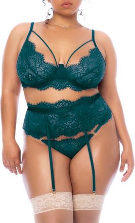 Mapal&eacute; Eyelash Lace Underwire Bra, Thong & Garter Belt Set in Sea Green at Nordstrom, Size 2X