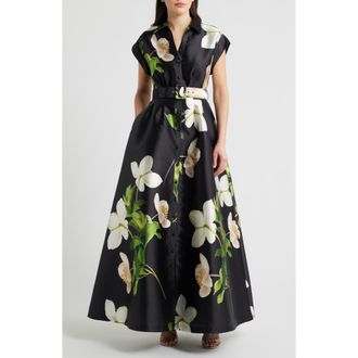 Julia Jordan Belted Floral Mikado Shirtdress in Black at Nordstrom, Size 12