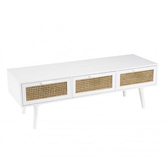 Macabane Mueble TV blanco con 3 cajones de rat&aacute;n natural