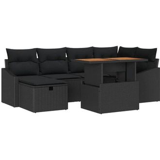 vidaXL Conjunto De Sof&aacute; De Jard&iacute;n 7 Pcs Negro Rat&aacute;n Sint&eacute;tico