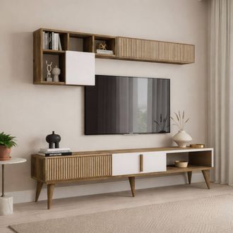 Dmora Pared Modular Ostro, Mueble De Sala 10 Estantes, 4 Puertas, Set Combinable, Marr&oacute;n Nogal