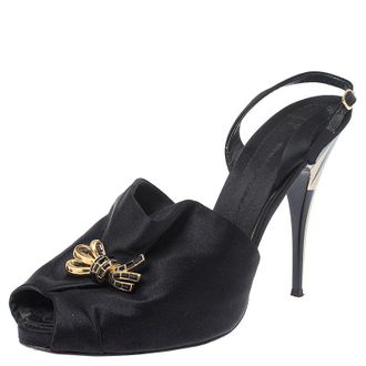 Giuseppe Zanotti Black Satin Bow Crystal Embellished Slingback Sandals
