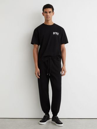 Reiss Black Cotton Logo-print Cuffed Joggers, Xxl
