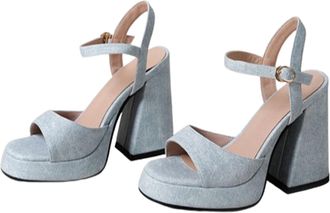 Generic Denim Sandals, Thick-Soled, High-Heeled Open-Toed One-Strap Belt Buckle High Heels Breathable Hollow White Straps Comfortable,Light Blue,5.5 UK