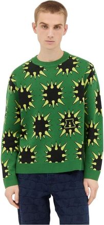 Awake NY Grafische Spike Sweater - Heren - Ronde hals truien - Groen - L - Katoen - Truien & Vesten