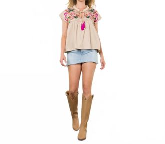 THML Clothing Emily Tassel Tie Top In Beige