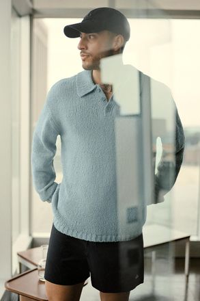 Alo | Textured Knit Long Sleeve Polo Top in Desert Sage Grey, Size: Medium