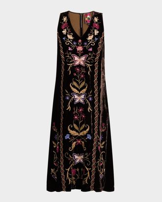 Johnny Was Sleeveless Floral-Embroidered Velvet Midi Dress