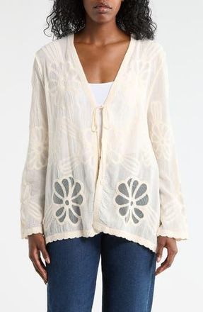 Forgotten Grace Floral Embroidered Tie Front Cardigan in Natural at Nordstrom Rack, Size X-Large