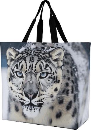 Generic Blue Eyed Snow Leopard Shopping Bag Reusable Handbag Handle Shopping Bags For Picnic Work Beach