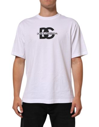 Dolce & Gabbana White Logo Print Cotton Crew Neck Men T-Shirt