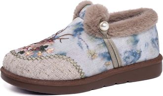 Generic Womens Winter Embroidered Slip-On Slippers Boots Fleece Lined Shoes Floral Design Cozy House Shoes Gift For Mom(Gr&uuml;n,6.5 UK)