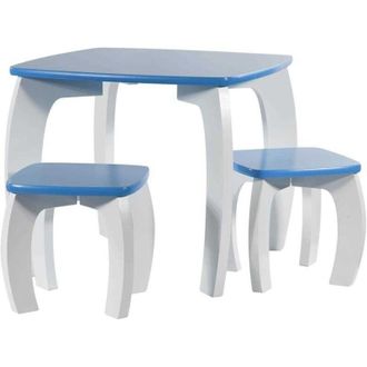 Wanderlust Deco Wanderlust Deco - Set Mesa Y 2 Taburetes De Madera Blancos/azules 96x48x42 H Cm