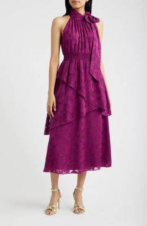 Anne Klein Floral Jacquard Asymmetric Tiered Midi Dress in Beet at Nordstrom, Size 12