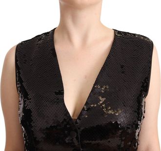 Dolce & Gabbana Womens Black Sequin V-Neck Sleeveless Vest Tank Top Polyester