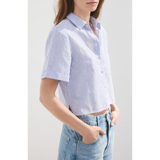 Mango Stripe Short Sleeve Button-Up Shirt in Sky Blue at Nordstrom, Size 6