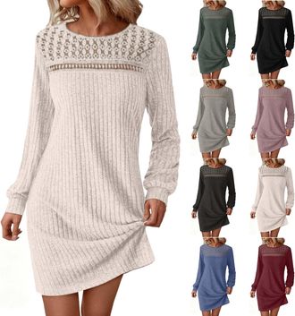 Generic Womens Long Sleeve Ribbed Knit Dress Lace Knitted Jumper Dress for Women UK Elegant Soft Crew Neck Lace Ribbed Mini Dresses Ladies Classic Solid Color