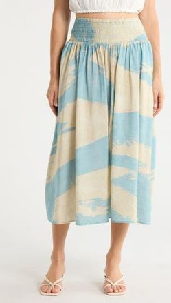 DKNY Smock Waist Pleated Skirt in Cameo Blu Brushstroke at Nordstrom Rack, Size X-Large