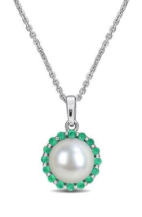 Delmar 8-8.5mm Cultured Pearl & Emerald Pendant Necklace in Green at Nordstrom Rack