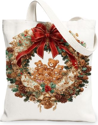 Generic Vintage Bears Canvas Tote Bags, Festive Holiday Wreath Design Reusable Grocery Bags, Lightweight Washable Shoulder Strap to, White, 13x15 Inch