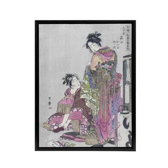 Artery8 Husband & Wife Portrait Framed Canvas Wall Art Print Utamaro Kitagawa in Pink | Size: W24 x H32
