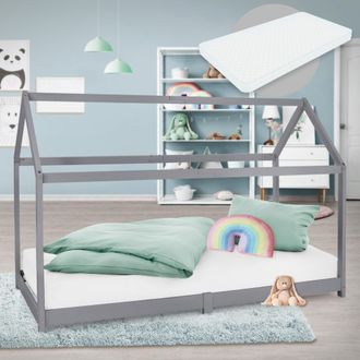 ML Design Ml-design - Cama Infantil De Madera Maciza De Pino Gris Claro 90 X 200 Cm Con Colch&oacute;n De Espuma Fr&iacute;a Oeko-tex 100 Somier Armaz&oacute;n De Listones Techo For