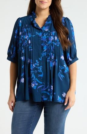 Sugarlips Niva Floral Elysia Pleated Top in Navy-Blues at Nordstrom, Size 3X