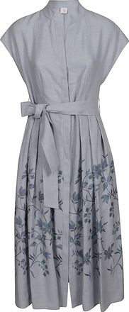 Eleventy Mid-Length Linen Dress With Mandarin Collar And Pleated Skirt