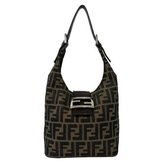 Fendi Black Brown Canvas Leather Shoulder Bag Tote Bag (Pre-Owned)