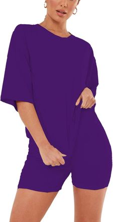 Janisramone Womens Ladies New Plain Baggy Longline T-Shirt PJ Dress Cycling Shorts 2 Pcs Set Summer Lounge Wear Purple