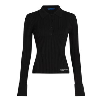 Karl Lagerfeld Polo Shirts, female, Black, Size: XS Long-sleeved knitted polo shirt