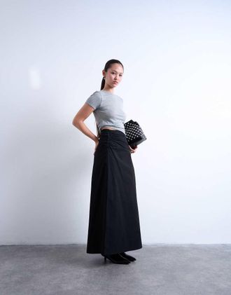 Topshop Gonna midi nera arricciata asimmetrica-Nero