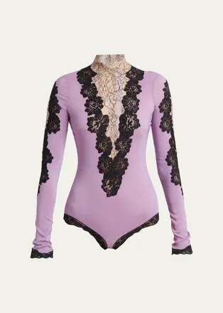 Valentino Garavani Lace & Jersey Turtleneck Bodysuit