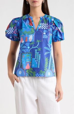 Sugarlips Punta Alta Berisa Split Neck Puff Sleeve Cotton Top in Cobalt-Combo at Nordstrom, Size X-Large