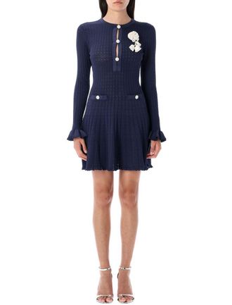 Self Portrait Pointelle Knit Crochet Flower Mini Dress