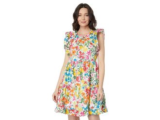 Maggy London Cotton Poplin Floral Print Ruffle Sleeve Dress Womens Dress Soft White/Pink : 12, Cotton/Spandex