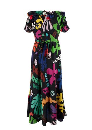 Rixo Black Multicolour Pattern Silk Bardot Maxi Dress Size M