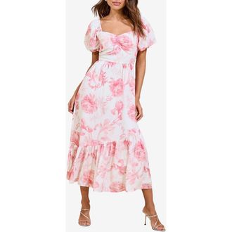 Lipsy Floral Print Puff Sleeve Midi Dress in Pink at Nordstrom, Size 12 Us