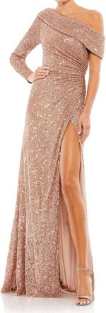 Mac Duggal Asymmetrical Off Shoulder Ruched Slit Dress In Copper