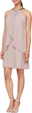 SLNY Embellished Neck Chiffon Ruffle Dress in Cashmere at Nordstrom, Size 12