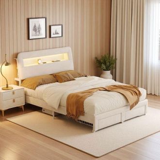 OEM Cama Doble 140x200 Cm, Cama Con Arc&oacute;n De Terciopelo Beige, Led Rgb 9 Colores, Puertos Ue Usb/type-c, Almacenamiento Multi-niveles, Dise&ntilde;o Moderno