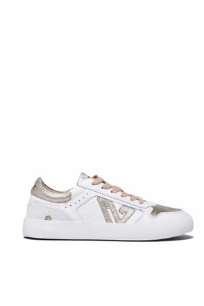 Emanuelle Vee White/Gold Leather Rubber Sole Sneakers