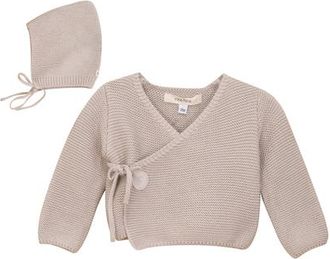 Fragile Garter Knit Wrap Cardigan Set with Bonnet in Mushroom at Nordstrom, Size 18M