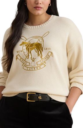 Lauren Ralph Lauren Embroidered Crewneck Sweater in Mascarpone Cream at Nordstrom, Size 1X