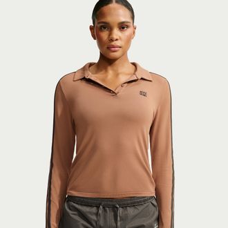 Nike Womens SKIMS Stretch Knit Long-Sleeve Polo Top in Brown | IV6652-263